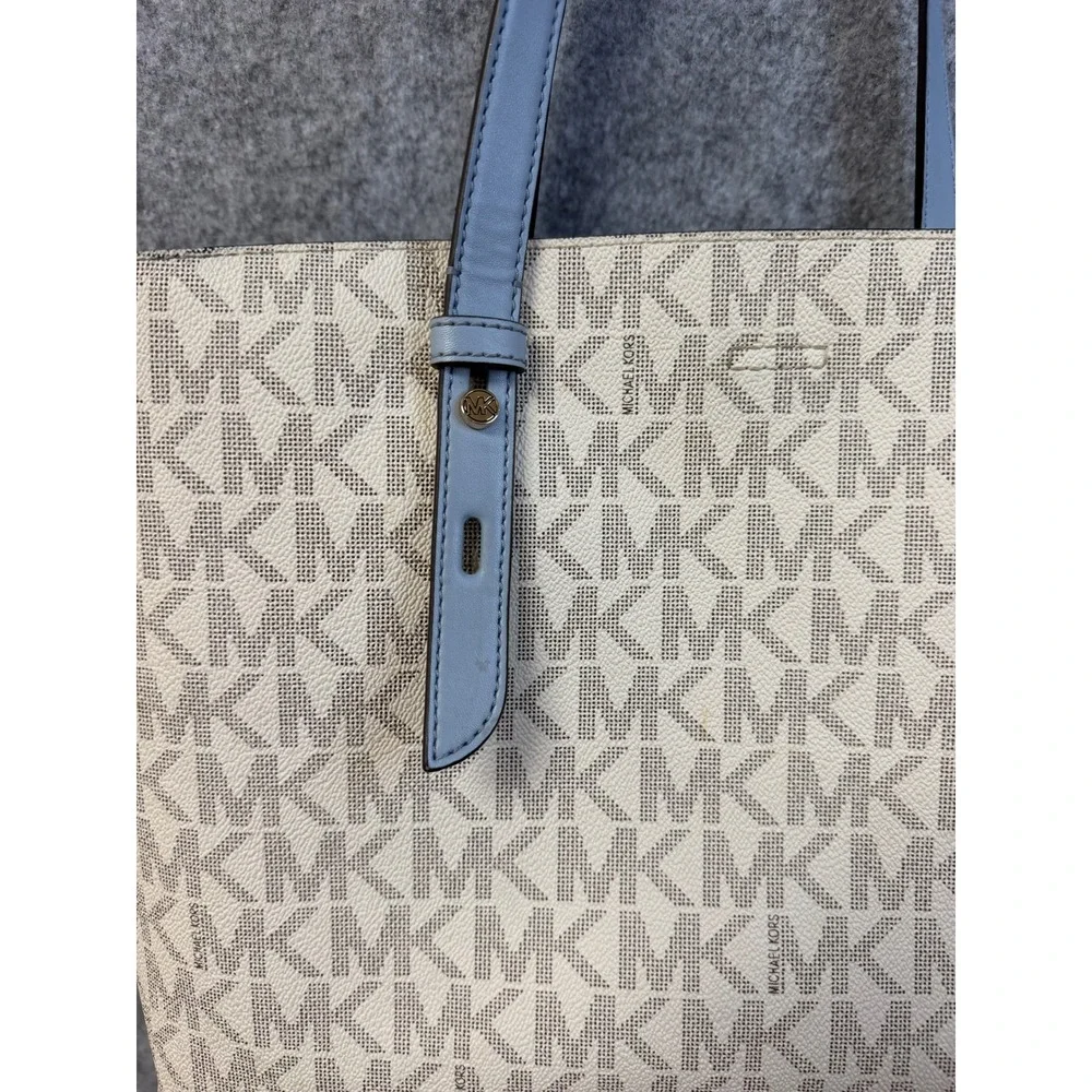 Michael Kors Charlotte Large Tote Bag Signature Logo‎ Cream Blue Gold Hardware